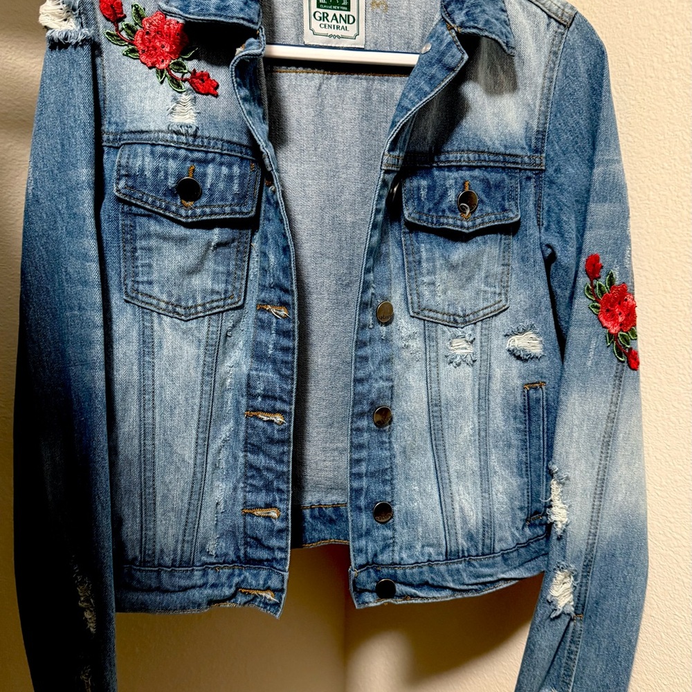 Stylish Blue Denim Jacket with Red Floral accents hand painted Frida Kahlo.
